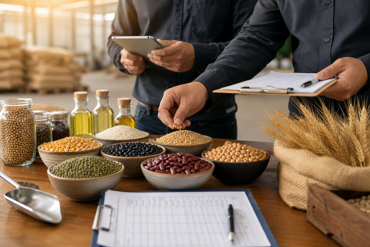 Agro commodity samples being reviewed for quality