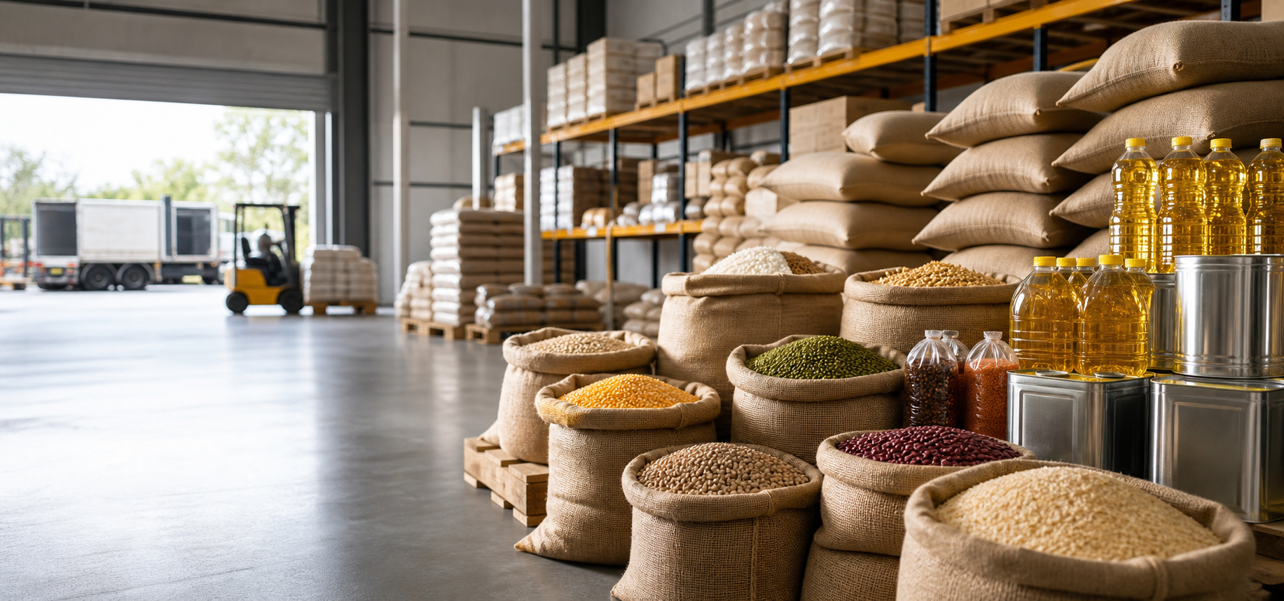 Organized agro commodity warehouse with grains, edible oil, and packaged products