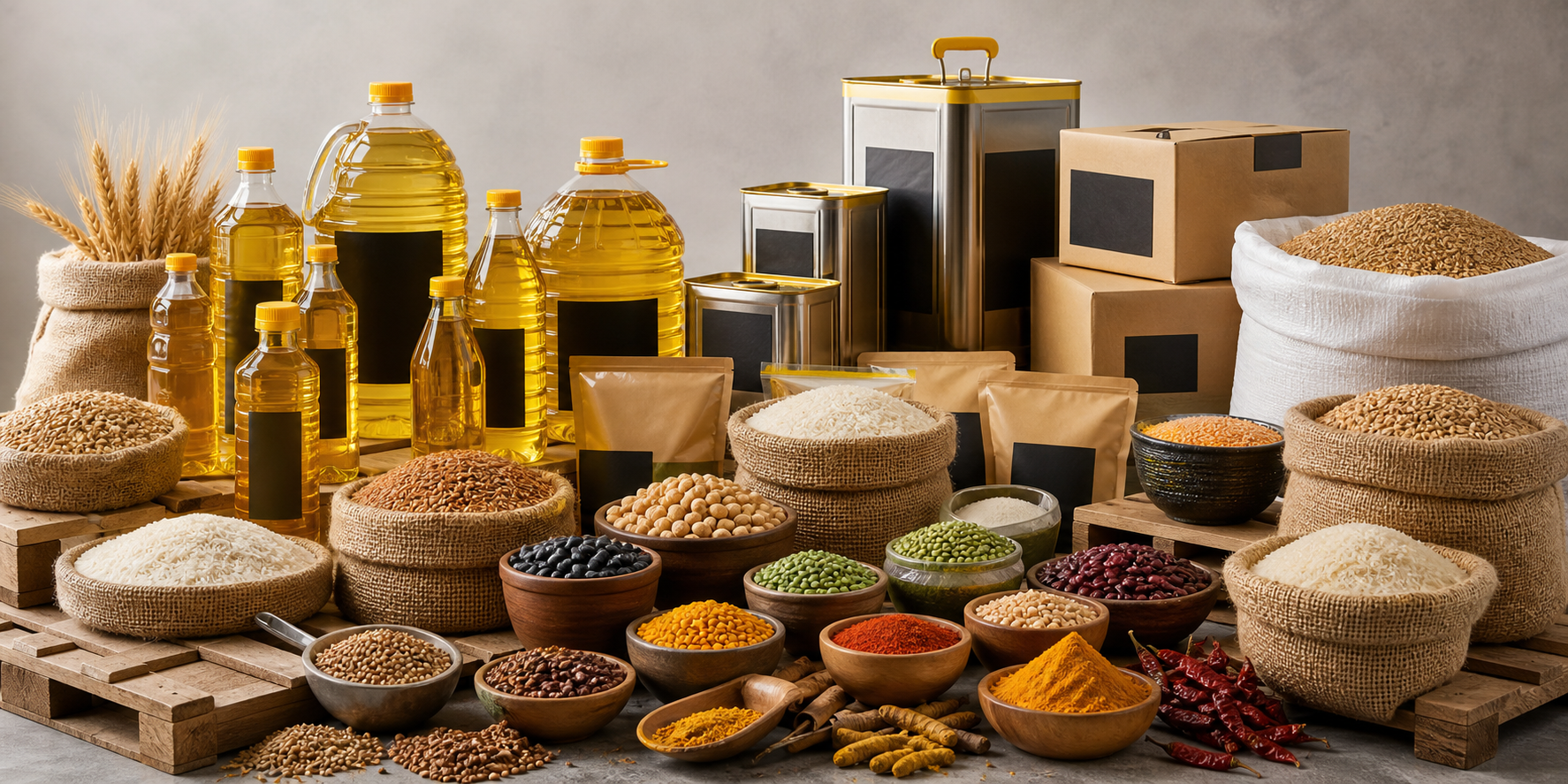Diverse agro products including oils, grains, pulses and spices